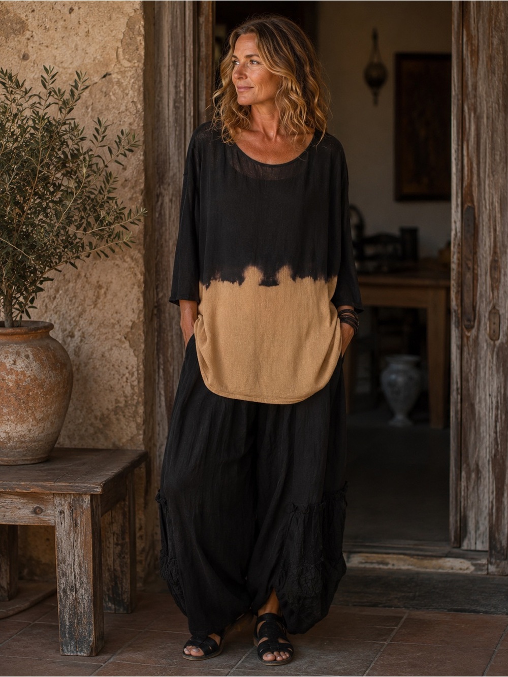 MARIANNE GREAVES 100% Linen Tunic Top Lagenlook 3/4 Sleeve Boho Artisan Earthy L